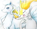 ambiguous_gender anthro blue_body blue_eyes blue_fur blush blush_lines bodily_fluids duo eyes_closed feral fur hug inner_ear_fluff open_mouth orange_body orange_fur simple_background sweat sweatdrop tongue tuft white_body white_fur eiroru nintendo pokemon alolan_form alolan_ninetales braixen generation_6_pokemon generation_7_pokemon pokemon_(species) regional_form_(pokemon) 2024 graphite_(artwork) hi_res traditional_media_(artwork)