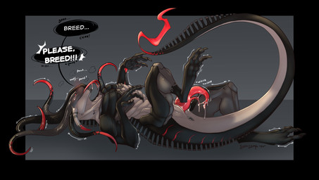 animal_genitalia anthro anus begging black_background black_body blush bodily_fluids breath desperation digitigrade dripping forked_tongue genital_fluids genital_slit genitals grey_background grey_body impregnation_request in_heat leaking_precum lying male nude_anthro nude_male on_back panting penis pent_up precum precum_drip precum_on_penis presenting red_body red_eyes simple_background solo speech_bubble submissive submissive_anthro submissive_male tan_body tapering_penis tendrils tentacles teratophilia text tongue tongue_out lightnymfa alien english_text hi_res