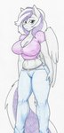 abstract_background anthro big_breasts blue_eyes bottomwear breasts cleavage clothed clothing crop_top denim denim_bottomwear denim_clothing eyelashes female fingers fluffy fluffy_tail fur grey_body grey_fur hair jeans long_tail looking_at_viewer midriff multicolored_hair nipple_outline pants purple_hair purple_tail shirt simple_background smile solo tail thick_thighs topwear two_tone_hair two_tone_tail v-cut white_background white_hair white_tail wide_hips wings flicker-show hasbro my_little_pony mythology aerial_waves_(oc) fan_character equid equine mammal mythological_creature mythological_equine pegasus 2017 absurd_res digital_drawing_(artwork) digital_media_(artwork) hi_res