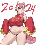 2024 accessory animal_humanoid armwear asian_clothing belly belly_overhang big_breasts black_eyes breasts chinese_clothing chinese_zodiac clothed clothing crop_top detached_sleeves dragon dragon_humanoid east_asian_clothing female gonda_(plus-sized_elf) hair hair_accessory hair_on_shoulder hair_sticks hi_res humanoid long_sleeves mythological_creature mythological_scalie mythology navel panties pantsless pink_body pink_hair pink_scales plus-sized_elf ponytail portrait red_clothing reptile reptile_humanoid scales scalie scalie_humanoid shirt side-tie_panties simple_background slightly_chubby slightly_chubby_female slightly_chubby_humanoid solo spikes spikes_(anatomy) tail thick_thighs three-quarter_portrait topwear underwear wanderjegson white_background year year_of_the_dragon