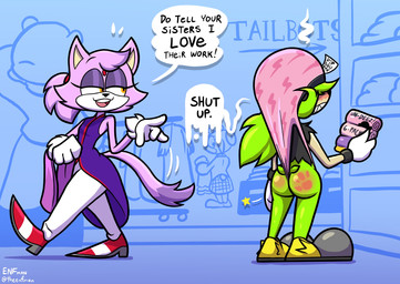 annoyed anthro atomic_wedgie blush bracelet butt clothed clothed_anthro clothed_female clothing clothing_store dialogue duo embarrased_female embarrassed female forehead_gem fully_clothed fully_clothed_anthro fully_clothed_female fur gem gloves green_body green_fur hair hand_print handprint_(marking) handwear humiliation jewelry markings partially_clothed_anthro partially_clothed_female ponytail purple_body purple_eyelids purple_fur red_gem red_gemstone royalty smug snarky spank_marks spank_marks_on_ass spanked_butt speech_bubble store teasing text wedgie wedgie_fetish white_clothing white_gloves white_handwear yellow_eyes theenfman idw_publishing sega sonic_the_hedgehog_(comics) sonic_the_hedgehog_(idw) sonic_the_hedgehog_(series) blaze_the_cat surge_the_tenrec afrosoricid domestic_cat felid feline felis mammal tenrec 2025 english_text hi_res