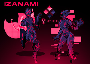 2_tails anthro black_body black_latex breasts female latex latex_body multi_tail red_eyes sharp_teeth solo tail teeth text rem_phase izanami_(arashi_va) canid canine demon fox latex_creature mammal 2026 absurd_res english_text hi_res model_sheet