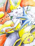 ambiguous_gender anthro blue_body blue_skin blush blush_lines drooling_tongue feral fur grey_body grey_fur group hug inner_ear_fluff on_grass open_mouth orange_body orange_fur paws sleeping tongue tuft white_body white_fur yellow_body yellow_fur eiroru nintendo pokemon braixen canid canine eeveelution flareon generation_1_pokemon generation_6_pokemon jolteon mammal pokemon_(species) vaporeon 2022 graphite_(artwork) hi_res traditional_media_(artwork)