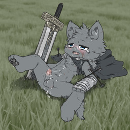 after_anal after_sex aged_down anthro balls blush bodily_fluids cape clothing cum cum_from_ass cum_in_ass cum_in_mouth cum_inside erection genital_fluids genitals grey_body lying male melee_weapon outside outside_sex penis sex shota solo spread_legs spreading sword tears weapon young young_anthro br_eaduck elden_ring fromsoftware blaidd_(elden_ring) canid canine canis mammal wolf 1:1 2022 hi_res
