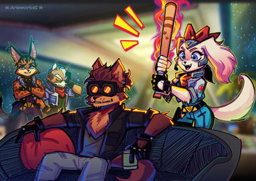 anthro baseball_bat bat_(object) belt bow_ribbon chest_tuft clothing ear_piercing ear_ring eyewear facepalm female fire flight_suit furniture gloves goggles group handwear imminent_pain jacket male piercing ring_piercing scarf sofa space topwear tuft arsworlds nintendo star_fox fay_(star_fox) fox_mccloud miyu_(star_fox) unnamed_character bird_dog canid canine canis domestic_dog felid feline fox hunting_dog lynx mammal spaniel hi_res signature