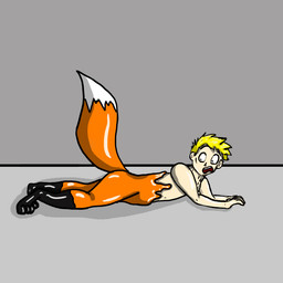 black_markings blonde_hair butt digitigrade dipstick_tail glistening glistening_body glistening_butt glistening_tail grey_background hair human_to_feral inside leg_markings looking_back_at_self lying lying_on_ground male markings mid_transformation nude on_front on_ground open_mouth orange_body paws simple_background socks_(marking) solo species_transformation split_form tail tail_markings transformation white_markings fox0808 canid canine fox human mammal 1:1 2009 colored