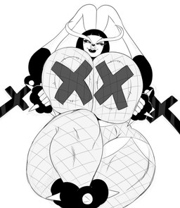 anthro anthrofied areola areola_slip big_breasts black_hair black_lips black_sclera bracelet breasts clothed clothing curvy_figure eyeshadow facial_piercing female fishnet_clothing fishnet_legwear fishnet_topwear hair half-closed_eyes huge_breasts jewelry legwear lips looking_at_viewer makeup narrowed_eyes nose_piercing nose_ring pasties piercing pokemorph ring_piercing skimpy solo spiked_bracelet spikes thick_thighs topwear voluptuous wide_hipped_anthro wide_hipped_female wide_hips sssonic2 nintendo pokemon fan_character generation_4_pokemon lagomorph lopunny mammal pokemon_(species) 2019 absurd_res character_request digital_media_(artwork) hi_res monochrome