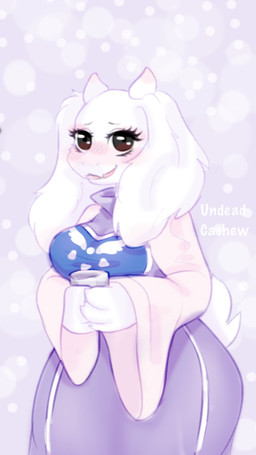 anthro big_ears blush brown_eyes clothed clothing container cup dress eyelashes fangs female floppy_ears fluffy_ears fur holding_container holding_cup holding_object horn lop_ears open_mouth pattern_background purple_background purple_clothing purple_dress simple_background solo teeth white_body white_fur wide_hipped_female wide_hips undead_cashew undertale undertale_(series) toriel boss_monster_(undertale) bovid caprine goat mammal 9:16 digital_media_(artwork) hi_res