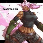 athletic athletic_female athletic_humanoid bottomwear breasts brown_body brown_skin camo cargo_pants cigarette clothed clothing crop_top cybernetics dark_body dark_skin female fluffy fluffy_tail glowing glowing_eyes hair inner_ear_fluff machine midriff navel pants pink_eyes pink_hair ponytail scar shirt solo tail text topwear tuft hutago dantera_lina animal_humanoid canid canid_humanoid canine canine_humanoid cyborg humanoid mammal mammal_humanoid wolf_humanoid hi_res