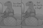 anthro bedroom_eyes big_breasts big_butt breasts butt clothing dialogue female fishnet_clothing fishnet_legwear huge_butt legwear lingerie looking_back narrowed_eyes non-mammal_breasts seductive sitting solo surprise tail kierus dinosaur dromaeosaurid prehistoric_species reptile scalie theropod velociraptor 2024 absurd_res hi_res monochrome sketch