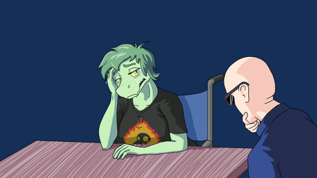anthro bald black_clothing black_shirt black_topwear blue_clothing blue_jacket blue_topwear bodily_fluids clothed clothed_anthro clothed_female clothed_human clothed_male clothing crying disability duo eyebrows eyewear female fingers frown furniture green_body green_hair grey_eyes hair half-closed_eyes hand_on_chin hand_on_face human_on_anthro humanoid_hands interspecies jacket looking_at_another male male/female narrowed_eyes paraplegic raised_inner_eyebrows sad shirt short_hair simple_background sitting sunglasses table tears topwear transparent_background vehicle wheelchair yellow_sclera sebek_fereh_ra cavemanon_studios i_wani_hug_that_gator inco_(iwhtg) olivia_halford baryonyx dinosaur human mammal prehistoric_species reptile saurischian scalie spinosaurid theropod alpha_channel colored hi_res shaded