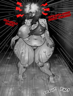 areola big_breasts blood blood_in_mouth bodily_fluids bottomless breasts cleavage clothed clothing feet female front_view genitals hair huge_breasts long_hair navel nipple_outline nipples one_breast_out overweight overweight_female partially_submerged pubic_stubble solo standing_in_water text thick_thighs vulva wide_hips gallo_wazavi naughty_dog sony_corporation sony_interactive_entertainment the_last_of_us clicker_(tlou) humanoid monster monstrous_humanoid undead zombie hi_res monochrome