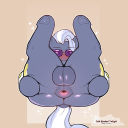 anus balls blush butt cutie_mark eyewear feral fur genital_raphe genitals glistening glistening_balls glistening_genitalia grey_body grey_fur looking_at_viewer looking_back lying male on_back presenting presenting_anus puffy_anus quadruped raphe_(anatomy) scrotal_raphe simple_background solo spread_anus spread_butt spreading sunglasses tail text thick_thighs cold-blooded-twilight friendship_is_magic hasbro my_little_pony hoity_toity_(mlp) equid equine mammal 1:1 2025 hi_res