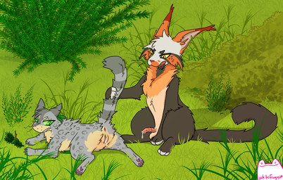 after_sex age_difference angry animal_genitalia animal_penis anus bent_ear black_body black_fur bodily_fluids claws clitoris cum cum_drip cum_from_penis cum_from_vagina cum_in_vagina cum_inside curved_penis dripping duo ear_tuft feline_genitalia feline_penis female feral flaccid fur genital_fluids genitals green_eyes grey_body grey_fur half-erect head_tuft holding_tail leaf_accessory male male/female markings on_ground open_mouth orange_body orange_fur outside pawpads penile_spines penis pink_pawpads pink_penis pink_vulva plant questionable_consent shrub spots spotted_body spotted_fur striped_markings striped_tail stripes tail tail_markings tan_underbelly tuft vulva yellow_eyes whitefroggim warriors_(book_series) bonedrop_(whitefroggim) fan_character domestic_cat felid feline felis mammal