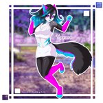 anthro bottomwear breasts clothed clothing ears_up female fluffy fluffy_tail fur furgonomics hair happy jumping long_hair paws pose shirt skirt solo tail tail_through_skirt tank_top topwear annvee yozora canid canine canis mammal wolf 1:1 absurd_res hi_res pinup