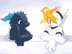 ahoge anthro black_body black_eyes black_fur blonde_hair blue_eyes blue_horn cute_fangs duo fangs fur hair hand_on_face horn kemono looking_at_another low_wall male mouthless simple_background teeth white_background white_body white_fur ra_tenpu mythology dragon furred_dragon furred_scalie mythological_creature mythological_scalie scalie 2020 4:3 bust_portrait digital_media_(artwork) portrait