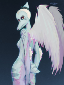 abstract_background amber_eyes anthro arm_tattoo black_eyeshadow black_lipstick bone_frill breasts butt elbow_feathers eyeshadow feathered_wings feathers female frill_(anatomy) glistening glistening_arms glistening_body glistening_breasts glistening_scales glistening_tail grey_body grey_feathers grey_hair grey_scales hair lipstick looking_at_viewer looking_back looking_back_at_viewer makeup nude nude_anthro nude_female scales short_hair short_tail snout solo tail tasteful_nudity tattoo text wings r1_tocuyo cavemanon_studios goodbye_volcano_high ko_op_(game_developer) snoot_game fang_(gvh) prehistoric_species pterodactylus pterosaur reptile scalie 2025 3:4 artist_name dated digital_drawing_(artwork) digital_media_(artwork) hi_res watermark