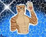 anthro black_eyes blue_sclera breasts domestic_cat felid feline felis fur gesture hi_res male mammal muscular muscular_anthro muscular_male nipples orange_body orange_fur orangemaniacc pawpads sea shirtless sketch smile smiling_at_viewer solo space star striped_body striped_fur stripes water waving waving_at_viewer