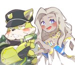 anthro bancho blonde_hair blue_eyes blush clothing duo embarrassed facial_hair female fur gesture hair hat headgear headwear heart_gesture jewelry male mustache necklace yellow_body yellow_fur sayusan16 lifewonders live_a_hero anna_(live_a_hero) procy canid canine canis domestic_dog human mammal