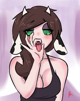 bedroom_eyes big_breasts blush bodily_fluids breasts brown_hair cleavage clothed clothing cow_ears eyeshadow female fingers gesture green_eyes hair hand_gesture horn makeup narrowed_eyes open_mouth saliva saliva_on_tongue saliva_string seductive shirt solo tank_top teeth tongue tongue_out topwear fluorite animal_humanoid bovid bovid_humanoid bovine bovine_humanoid cattle cattle_humanoid humanoid mammal mammal_humanoid hi_res