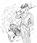 anthro cigarette cigarette_in_mouth clothing duo female furniture gangster gun hat headgear headwear male object_in_mouth ranged_weapon simple_background sitting smoking smoking_cigarette sofa standing submachine_gun suit thompson_gun weapon weapon_on_shoulder duckhere beastars haru_(beastars) legoshi_(beastars) canid canine canis lagomorph leporid mammal rabbit wolf hi_res monochrome