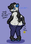 anthro big_butt black_body black_fur blue_eyes blue_horn bodily_fluids bottomwear butt clothing collar embarrassed femboy fur heart_symbol horn magma_(artwork) male pulling_up_pants shy solo sweat sweatdrop text thick_thighs tight_bottomwear tight_clothing white_body wide_hips pseudokym reimy_(pseudokym) bovid caprine goat mammal digital_media_(artwork)