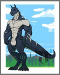 animal_genitalia anthro balls border genitals grey_border macro male muscular muscular_anthro muscular_male outside sheath solo standing neosavias dinosaur equid equine horse hybrid mammal prehistoric_species reptile scalie 4:5 hi_res