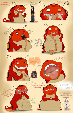 abdominal_bulge after_vore antennae_(anatomy) anthro belly betrayal big_belly bodily_fluids colored_saliva cutaway digestion duo fatal_vore feral green_saliva hairless head_first heterochromia internal male mouth_shot nervous nervous_smile obese open_mouth oral_vore overweight red_body rumbling_stomach saliva semi-anthro sharp_teeth smile smoothening_bulge_digestion soft_vore standing swallowing tail tan_body teeth text tongue tongue_out unusual_bodily_fluids unusual_saliva uvula vore vore_tether zacktheriolu monster_allergy bombo timothy_moth bombo_(species) domestic_cat felid feline felis hairless_cat human mammal monster sphynx_(cat) absurd_res broken_english english_text hi_res sequence