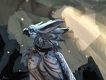 ambiguous_gender black_collar blue_eyes blurred_background cave collar feathers feral grey_body grey_feathers solo magpi mythology fumei avian gryphon mythological_avian mythological_creature 2022 4:3 digital_media_(artwork) half-length_portrait hi_res portrait signature