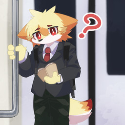 ambiguous_gender anthro backpack book clothed clothing fully_clothed fur looking_at_viewer necktie question_mark school_uniform solo standing subway uniform yellow_body yellow_fur ranshinumeda334 futatsui_minami canid canine canis mammal wolf 1:1 2025 hi_res male_(lore)