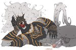 abs anthro armor athletic athletic_anthro athletic_male balls bodily_fluids clothing cum cum_on_penis fangs fur gauntlets genital_fluids genitals gloves grey_body grey_fur handwear headgear helmet licking licking_lips lying male male_anthro muscular muscular_anthro muscular_male on_side open_mouth pauldron penis solo tail teeth tongue tongue_out white_body white_fur flurkii elden_ring fromsoftware maliketh_(elden_ring) canid canine canis mammal wolf digital_drawing_(artwork) digital_media_(artwork) hi_res