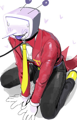 aroused black_bottomwear black_clothing black_pants bodily_fluids bottomwear bulge clothed clothing collar electronics for_a_head fully_clothed gloves handwear leash male metallic_body not_furry pants red_clothing red_topwear screen screen_face solo sweat television tenting tongue topwear asd1565326 deltarune undertale_(series) tenna_(deltarune) darkner human mammal object_head screen_head tv_head hi_res