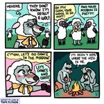 ambiguous_gender anthro black_nose blush campfire dialogue exclamation_point fur grey_body grey_fur group hand_holding hand_on_head mostly_nude on_rock rock scarf scarf_only sharp_teeth sheep_costume sitting sitting_on_log sitting_on_rock speech_bubble standing talking_to_another teeth text thought_bubble yellow_scarf shen_comix shenanigansen_(artist) wolf_in_sheep's_clothing bovid canid canine canis caprine mammal sheep wolf 2025 comic english_text hi_res