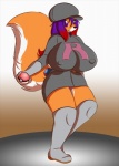 anthro big_breasts breasts clothed clothing female hair holding_object holding_pokeball huge_breasts multicolored_hair nipple_outline nipples pokeball purple_eyes solo standard_pokeball tail text text_on_clothing thick_thighs uniform fyxe_(artist) nintendo pokemon team_rocket fyxe canid canine mammal