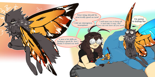2_antennae 4_wings alternate_form angry antennae_(anatomy) anthro anthrofied arthropod_abdomen belly big_breasts big_wings black_antennae black_clothing black_crop_top black_shirt black_topwear blue_clothing blue_gloves blue_handwear blue_wings bodily_fluids bottomwear braided_hair breasts brown_hair bubble clothed clothed_female clothed_humanoid clothing crop_top crying dialogue duo eyelashes eyespots eyewear featureless_crotch female fluffy freckled_arms freckled_belly freckled_face freckles glasses gloves gradient_background grey_body grey_bottomwear grey_clothing grey_skirt hair handwear holding_another insect_wings kneeling larger_humanoid lepidopteran_wings light_body light_skin looking_back markings midriff monotone_body multi_wing multicolored_wings narrowed_eyes nerd nude nude_ambiguous nude_anthro open_mouth open_smile orange_wings pattern_bottomwear pattern_clothing pattern_skirt plaid plaid_bottomwear plaid_clothing plaid_skirt rubbing ruff shirt simple_background size_difference skirt smaller_anthro smile solo sparkles sparkling_eyes speech_bubble spiral_glasses spreading tears teeth text thought_bubble three-quarter_view topwear torn_wing wings bileshroom disney hoppers_(disney) pixar scarlet_(masochistfox) titus_(hoppers) animal_humanoid arthropod arthropod_humanoid butterfly humanoid insect insect_humanoid lepidopteran lepidopteran_humanoid moth_humanoid 2026 absurd_res cel_shading digital_media_(artwork) english_text hi_res shaded