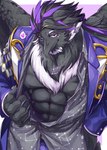 abs anthro beak black_body black_feathers feathers hair male muscular muscular_anthro muscular_male one_eye_closed pecs presenting presenting_chest purple_hair solo wink yume_00kami lifewonders live_a_hero alchiba avian bird corvid corvus_(genus) crow oscine passerine hi_res