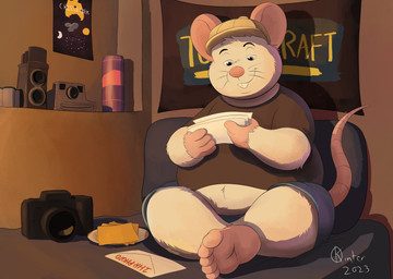 anthro bed belly bottomwear camera clothing detailed_background feet furniture hat headgear headwear inside male overweight overweight_male pillow pink_nose shirt shorts sitting solo topwear white_body oliverkinter mammal mouse murid murine rodent 2023 absurd_res hi_res