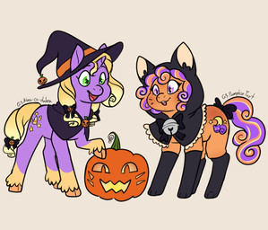 :3 accessory bell black_bow black_clothing black_footwear black_socks bow_ribbon candy candy_corn clothing cutie_mark dessert duo eyelashes feral food footwear furgonomics green_eyes hat headgear headwear holidays hooves horn jack-o'-lantern open_:3 open_mouth orange_hooves purple_eyes ribbons simple_background socks tail tail_accessory tail_bow tail_ribbon tan_background witch_hat pretty-ponies-designs halloween hasbro mlp_g3 my_little_pony mythology abra-ca-dabra_(mlp) pumpkin_tart_(mlp) earth_pony equid equine horse mammal mythological_creature mythological_equine pony unicorn