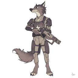 ankle_tuft anthro armor barefoot belt body_armor bulletproof_vest cheek_tuft claws clothed clothing digitigrade facial_tuft feet front_view holding_object holding_weapon laser_gun laser_rifle leg_tuft looking_away male neck_tuft ranged_weapon shoulder_guards simple_background solo standing toe_claws trigger_discipline tuft utility_belt vault_suit weapon white_background samur_shalem fallout microsoft ragey canid canine canis mammal wolf 1:1 2020 hi_res monochrome sepia signature