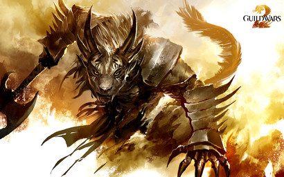 armor axe claws detailed_background fangs female flat_chested melee_weapon orange_eyes solo spikes teeth warrior weapon kekai_kotaki guild_wars charr felid mammal 16:10 source_request wallpaper widescreen