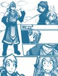 2015 anthro armor blue_and_white cloak clothing comic conditional_dnp felid female flora_(twokinds) fur group hair human keidran keiren_(twokinds) male mammal monochrome outside pantherine ponytail simple_background sketch tiger tom_fischbach trace_legacy twokinds white_background