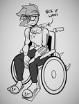 anthro bottomwear breasts clothed clothing cosplay crossgender disability female footwear hair jewelry long_tail neck_chain necklace pants plantigrade shirt shoes sitting slippers small_breasts solo spiked_tail spikes spikes_(anatomy) tail tattoo text topwear vehicle wheelchair seven_(artist) cavemanon_studios goodbye_volcano_high i_wani_hug_that_gator nick_(gvh) olivia_halford baryonyx dinosaur prehistoric_species reptile scalie spinosaurid theropod english_text greyscale hi_res monochrome