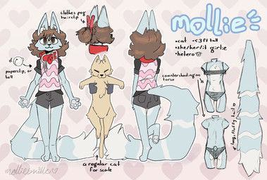 anthro big_tail black_bottomwear black_clothing black_shirt black_shorts black_topwear blue_body blue_fur bottomwear brown_eyes brown_hair clothes_pin clothing collar countershade_torso countershading digitigrade female fur hair markings medium_hair pawpads pink_clothing pink_shirt pink_topwear red_collar ring_(marking) ringed_tail shirt shorts solo striped_markings striped_tail stripes tail tail_markings text tied_hair topwear wearing_collar mollietown mollie_(mollietown) domestic_cat felid feline felis mammal 2026 digital_drawing_(artwork) digital_media_(artwork) english_text hi_res model_sheet