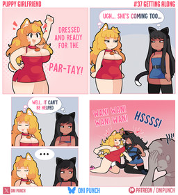 absolute_territory angry animal_noises big_breasts black_clothing black_hair black_legwear blonde_hair blue_clothing blue_dress breasts cleavage clothed clothing dark_body dark_skin dialogue dipstick_tail dress ellipsis eyelashes faceless_character faceless_human faceless_male female fight group hair half-closed_eyes huge_breasts legwear long_hair male markings minidress narrowed_eyes red_clothing red_dress tail tail_markings text thought_bubble tight_clothing tongue tongue_out white_tail_tip onigiri_punch animal_humanoid canid canid_humanoid canine canine_humanoid cat_humanoid dog_humanoid felid felid_humanoid feline feline_humanoid human humanoid mammal mammal_humanoid absurd_res comic english_text hi_res