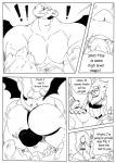 anthro balls black_and_white bulge butt canid canine clothed clothing comic demon dialogue digital_drawing_(artwork) digital_media_(artwork) english_text felid genitals group hi_res jockstrap lion magic_user male male/male mammal monochrome muscular pantherine profanity raccoon_dog reagan700 tanuki text underwear