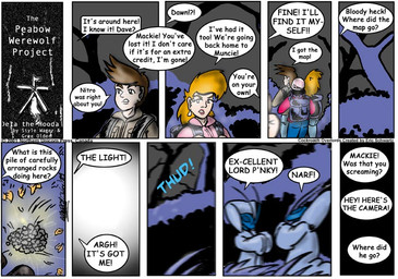 anthro backpack blonde_hair brown_hair clothed clothed_female clothed_male clothing dialogue female forest hair male night outside plant robe text tree style_wager dela_the_hooda cockroach_overlord dave_(dela_the_hooda) dawn_(dela_the_hooda) mackie_(dela_the_hooda) arthropod blattodean cockroach human insect mammal 2001 comic english_text