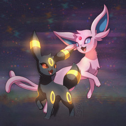 abstract_background ambiguous_gender duo fangs feral forehead_gem fur gem glowing glowing_markings grey_body grey_fur markings open_mouth paws purple_body purple_eyes purple_fur red_eyes ring_(marking) tail teeth tongue leoiruga nintendo pokemon eeveelution espeon generation_2_pokemon pokemon_(species) umbreon 1:1 2026 hi_res signature