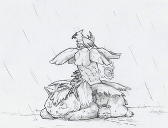 ambiguous_gender antennae_(anatomy) baseball_cap beak beak_closed carrying_another claws clothing crossed_arms crossed_legs eyes_closed feathers feral footwear group hat headgear headwear leaf looking_aside lying mouth_closed on_front on_head raining shoes side_view simple_background sleeping white_background deriaz nintendo pokemon gastly generation_1_pokemon generation_6_pokemon goomy human mammal pokemon_(species) species_request venusaur 2013 full-length_portrait graphite_(artwork) greyscale monochrome portrait traditional_media_(artwork)