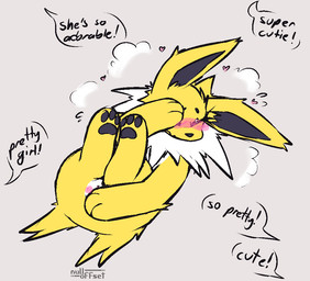 after_transformation barely_visible_genitalia barely_visible_vulva black_pawpads blush bodily_fluids covering covering_crotch covering_face covering_self dialogue digitigrade embarrassed feet female feral flying_sweatdrops fur genitals grey_background heart_symbol offscreen_character pawpads paws praise praise_kink simple_background soles solo speech_bubble sweat sweatdrop text toes vulva white_body white_fur yellow_body yellow_fur nulloffset nintendo pokemon lori_(nulloffset) eeveelution generation_1_pokemon jolteon pokemon_(species) english_text watermark