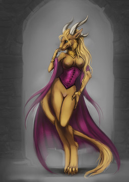 anthro blonde_hair blue_eyes bracelet breasts cheek_tuft claws cloak clothing collar corset digitigrade dragon_tail exposed_breasts facial_tuft female fur genitals gold_(metal) gold_jewelry hair horn ineffective_clothing jewelry lingerie long_hair looking_at_viewer nipples non-mammal_breasts non-mammal_nipples smile solo tail tail_tuft topwear tuft vulva yellow_body yellow_fur adalfyre mythology tachyion_(defenbaugh_bahumot) dragon furred_dragon furred_scalie mythological_creature mythological_scalie scalie 2015 digital_media_(artwork) hi_res